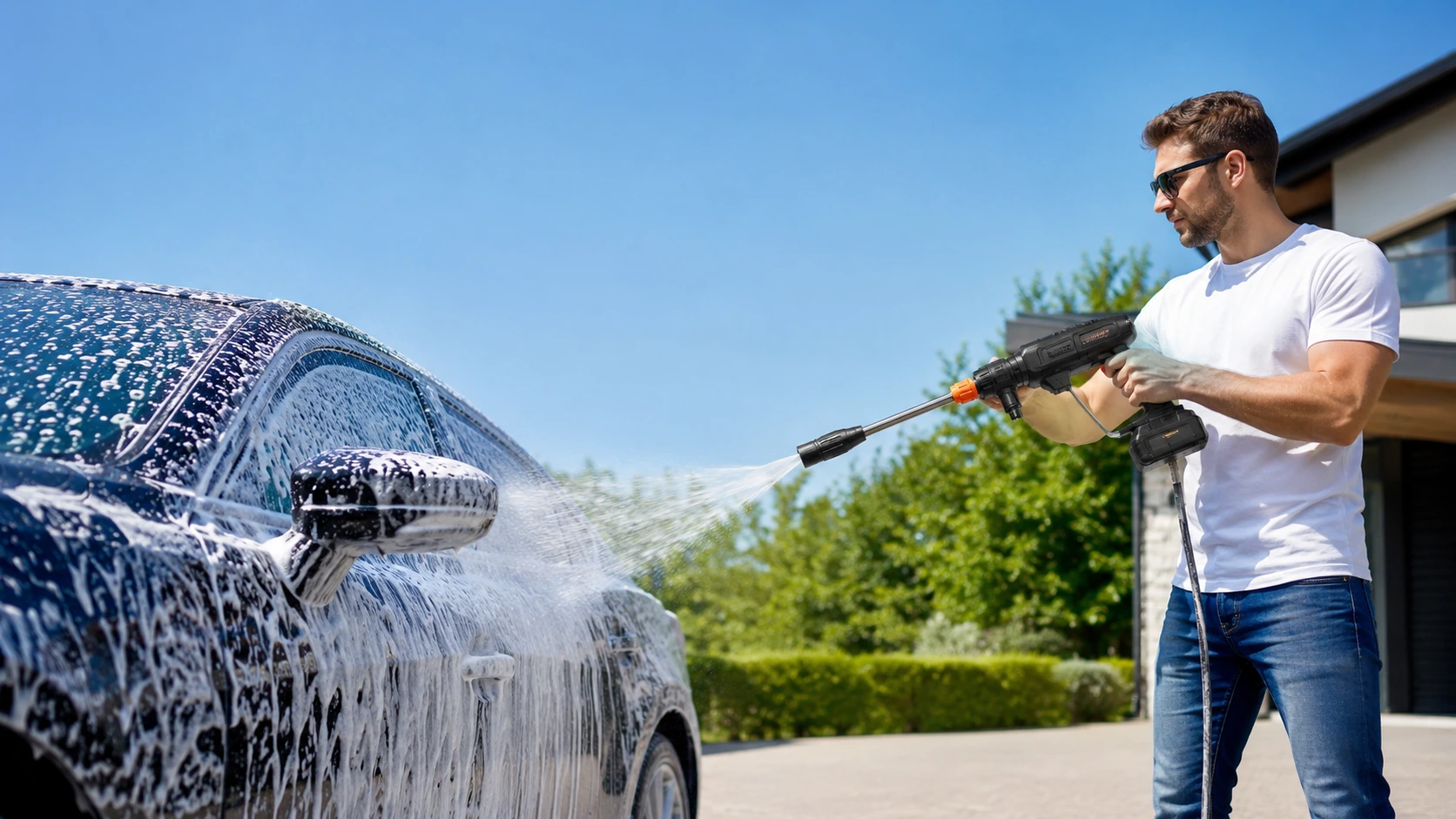 How to use a car washing pressure gun and foam gun to clean a car